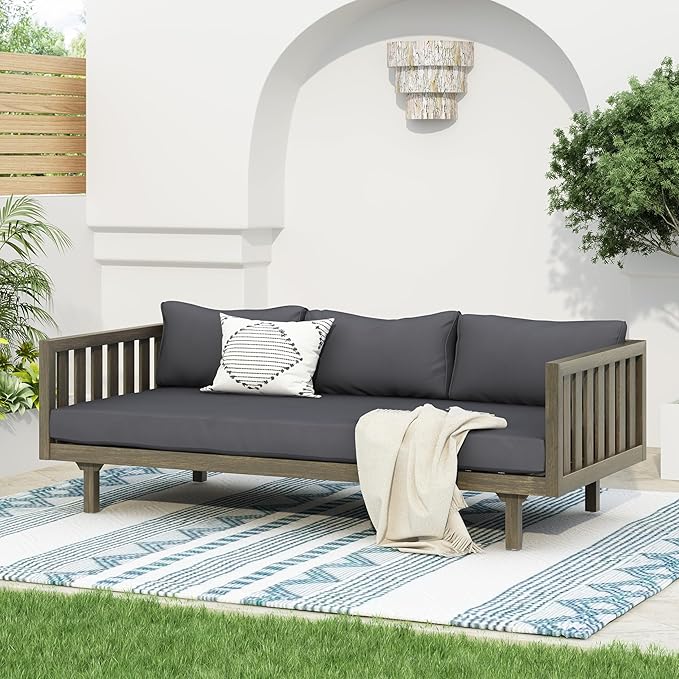 Christopher Knight Home Claremont Patio Sofa and Coffee Table Set, 2 Piece Outdoor Patio Furniture Set with Cushion, Acacia Wood 3 Seater Outdoor Sofa Daybed and Coffee Table Set, Dark Grey+Grey