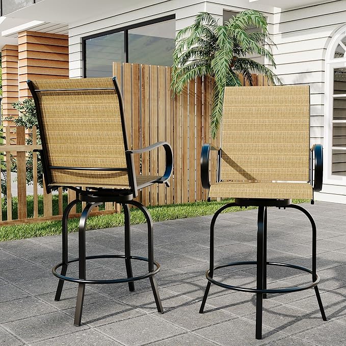 GarveeLife 2 Piece Outdoor Swivel Bar Chairs, Patio High Swivel Bar Stools, All Weather High Back and Armrest Patio Chairs, Outdoor Rotating BarChair Counter Height for Deck Lawn Garden Backyard