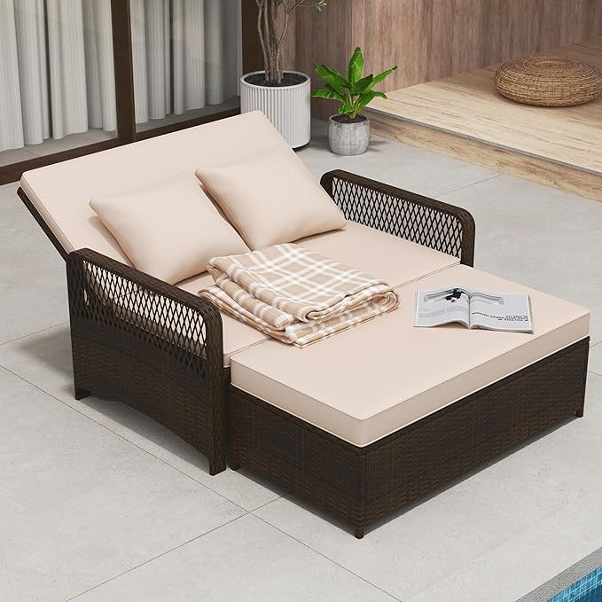 RELAX4LIFE Wicker Patio Outdoor Daybed - Rattan Sunbed Loveseat Sofa Set w/4-Level Adjustable Back, Cushions & Pillows, Storage Ottoman, 2-Person Bed Lounger for Backyard Porch, Patio Daybed (Beige)