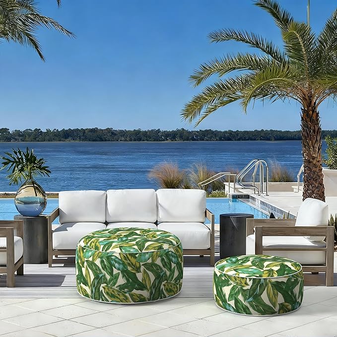 LVTXIII Indoor/Outdoor Extra Large Inflatable Ottoman Pouf D31 x H14 Inch, Round Footstool with Handle, Weather-Resistant Portable Furniture for Patio, Camping, Beach, Lush Leaf Jungle