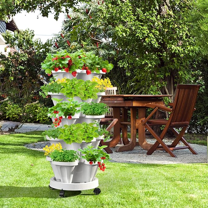 7 Tiered Strawberry Vertical Planter Tower Garden 3 Pack, Stackable Planter Herb Garden Planter with Movable Casters and Bottom Saucer Indoor and Outdoor - White