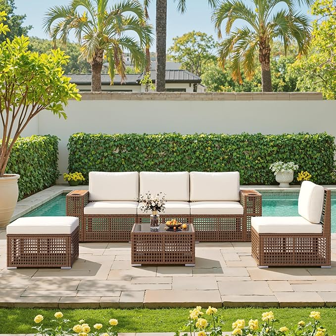 Devoko Patio Furniture Set 6 Piece Outdoor Sectional Sofa Hollow Rattan Patio Seating Sofa with Coffee Table & Ottoman for Deck, Porch, Poolside