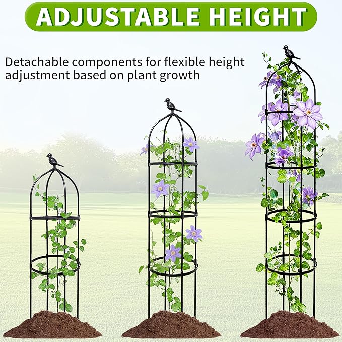 2-Pack 6FT Garden Obelisk Trellis for Climbing Plants,Adjustable 4-Tier Metal Plant Support,Rustproof Outdoor Plant Tower with 3 Decorative Tops for Roses,Tomatoes,Clematis & Vines,Black