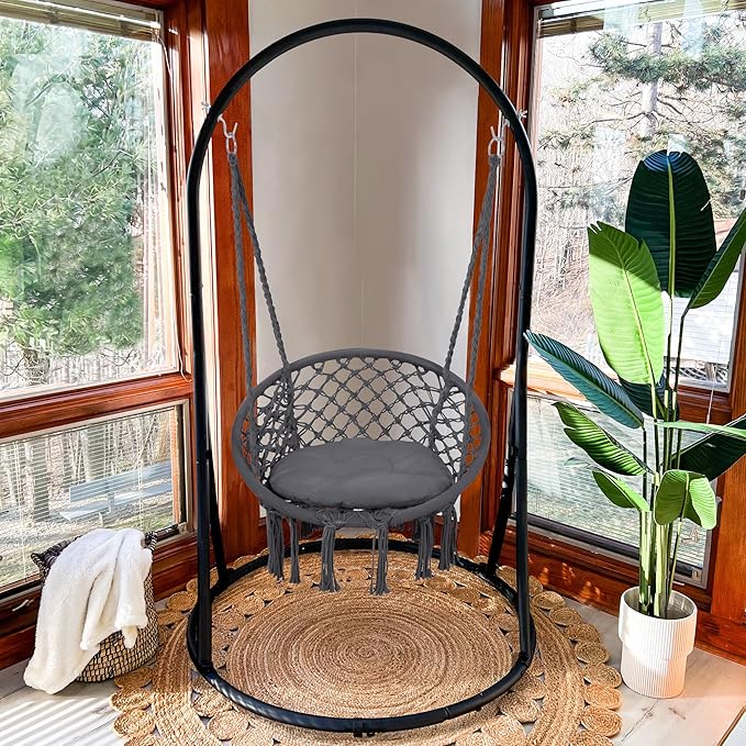 SUNCREAT Indoor Hammock Swing Chair with Stand, Hanging Chair Outdoor with Stand, 330 lbs Capacity, Patent Pending, Grey