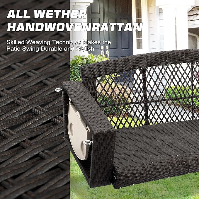 Grepatio Wicker Hanging Porch Swing - Outdoor 3 Person Patio Swing Bench with Cushion & Chains - 3-Seat Porch Swing Chair with Cup Holder for Garden, Yard, Lawn (Khaki Brown Rattan)