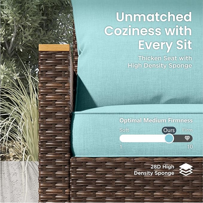 PHI VILLA 9-Piece Half Moon Patio Furniture Set with 56" Fire Pit Table, Outdoor Wicker Sectional Sofa with Aqua Blue Cushions, 2 Ottomans, Large Curved Conversation Seating for Garden or Backyard