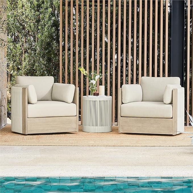 CHITA 3 Pieces Boho Patio Rattan Bistro Set, Outdoor Wicker Furniture Swivel Chairs & Side Table Set with 2 Arm Pillows, Acacia Wood Frame, Fully Assembled(Cream)