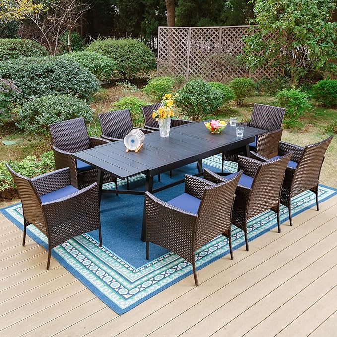 PHI VILLA 9 Piece Large Outdoor Dining Table Set for 8, Expandable Rectangular Metal Dining Table & Rattan Wicker Chairs with Cushions, Dining Furniture Set for Patio, Deck, Yard