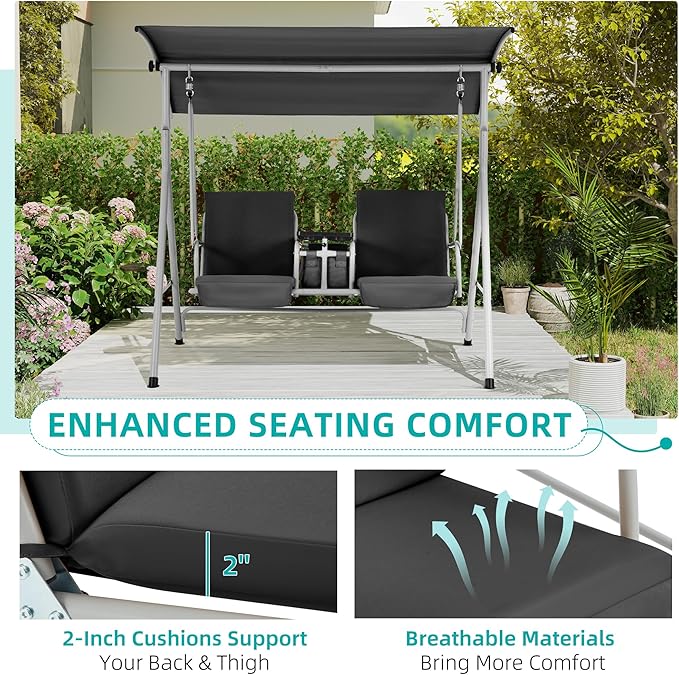 HOMREST 2 Seat Outdoor Porch Swing,Patio Swing with Adjustable Canopy,Heavy Duty 650 LBS Outdoor Swing with Pivot Storage Table & 2 Cup Holders & Cushions for Yard, Lawn, Backyard, (Dark Black)