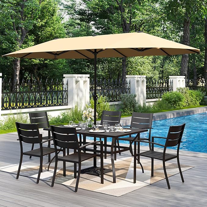 PHI VILLA 7 Pieces Outdoor Dining Set with Umbrella for 6, 60" Rectangular Metal Table & Stacking Wrought Iron Chairs & 13ft Beige Umbrella, Outside Large Furniture for Patio, Deck, Porch, Backyard
