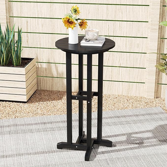 Tangkula 21.5" Round Bar Table, Patio HDPE Bar Height Dining Table w/Slatted Tabletop, Outdoor All-Weather High-Top Bistro Table for Poolside, Backyard, Balcony (Black)