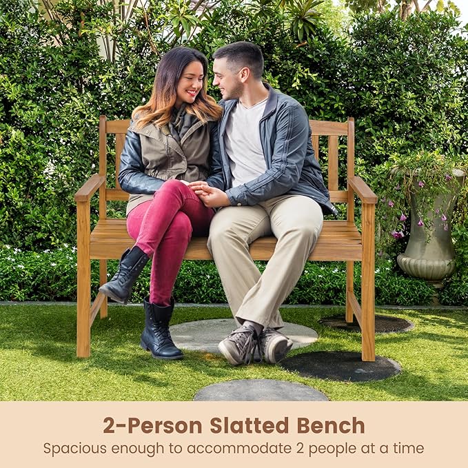 COSTWAY Wooden Bench Outdoor, Sturdy Outdoor Acacia Wood Bench for Garden, Park & Porch, 43”L x 22”W x 34”H, Teak