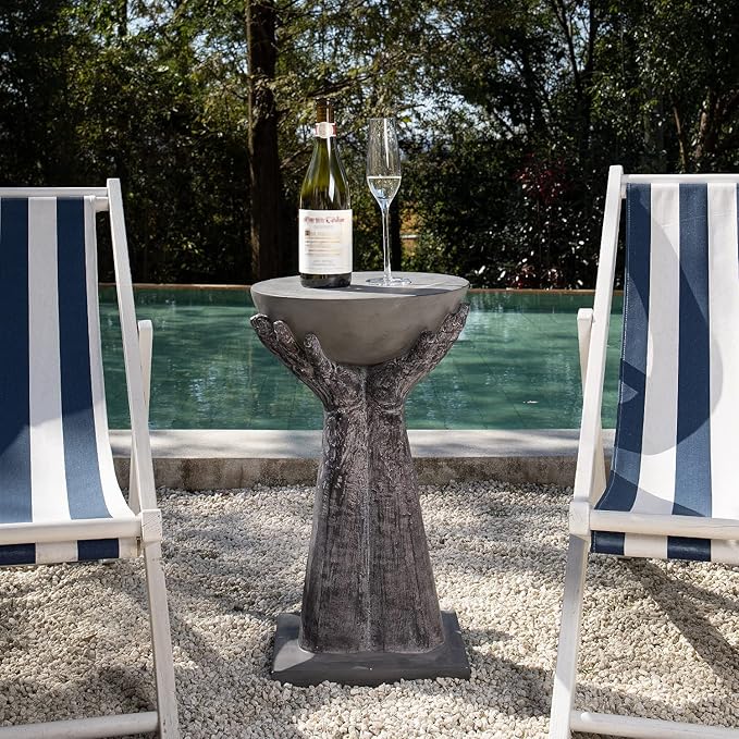 COSIEST Outdoor Side Table, Two Hands-Shaped Base w Round Top Accent Table, Lightweight Plant Stand, Concrete Finish