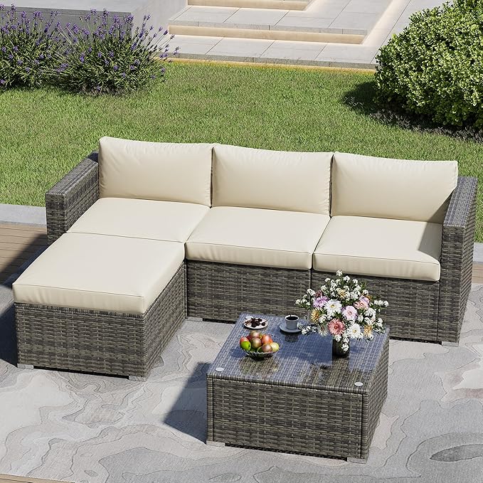 5 Piece Outdoor Patio Sectional Furniture Set, Weather Resistant Rattan Outside Couch, Waterproof Conversation Sofa for Balcony, Porch, Backyard, Deck, Garden,Beige