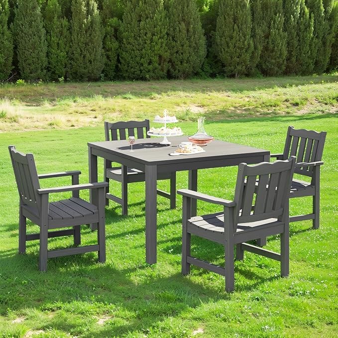 Stoog All-Weather Patio Dining Sets, 5 Pieces Outdoor HIPS Dining Table with Aluminum Frame, Patio Dining Table and 4 Chairs, Low Maintenance, Grey