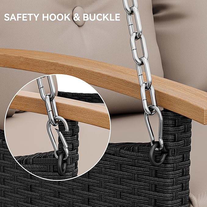 YITAHOME Porch Swing with Cushion 3-Seats Front Hanging Wicker Swing Rattan Patio Swing Lounge Chair Hammock for Garden, Balcony, Deck