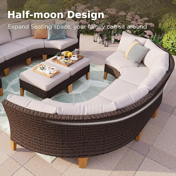 PHI VILLA 10-Piece Wicker Patio Furniture Set, Outdoor Half-Moon Curved Sectional Sofa with 4 Ottomans, 2 One Armrest Seats, 1 Armless Sofa, Large Conversation Seating for Garden or Backyard,Beige
