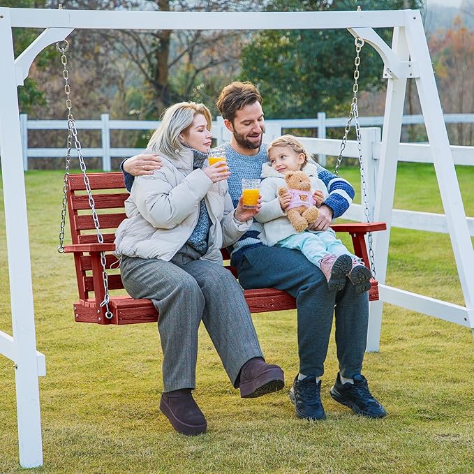 KINGYES Outdoor Hanging Patio Swing Set of 2, 2 Seat Swing Chair with Cup Holders, Waterproof Bench for Courtyard & Garden, 660LBS Weight Capacity, Red