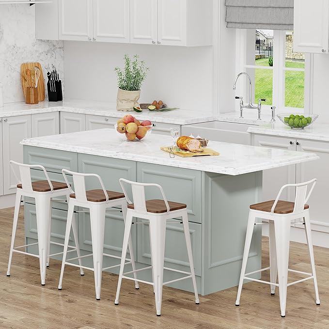 Yongchuang 30 inch Metal Bar Stools Set of 4 Bar Height Barstools with Wood Seat Low Back Kitchen Bar Chairs Cream White