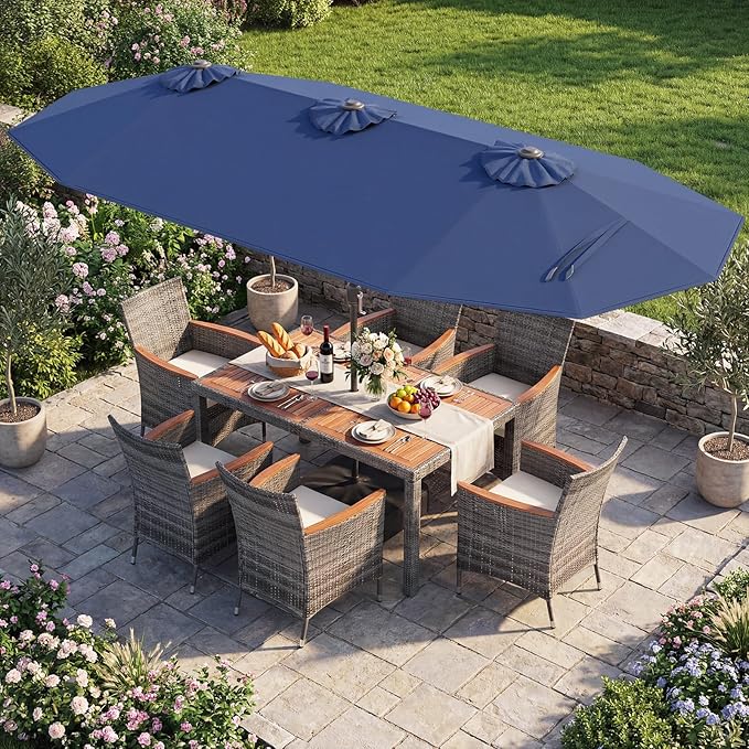 Tangkula 9 Piece Rattan Outdoor Dining Set with 13Ft Umbrella for 6, Outdoor Wicker Table Set with 6 Cushioned Armchairs, Acacia Wood Top, Outdoor Umbrella & with Base Included
