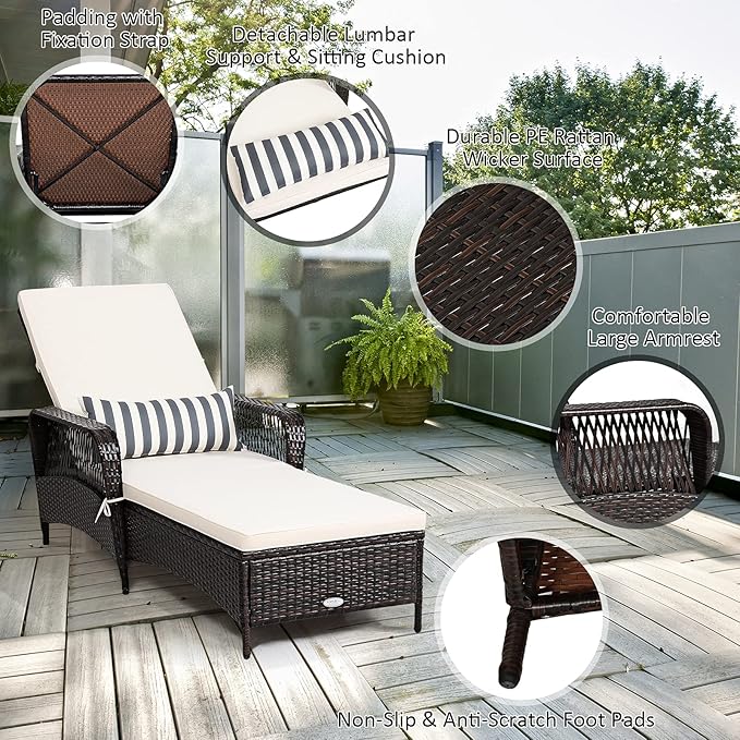 Tangkula Wicker Chaise Lounge Outdoor Set of 2, Patio Rattan Reclining Chaise with 6-Gear Adjustable Backrest, Thick Padded Cushion & Removable Lumbar Pillow, Pool Lounge Chairs for Outside Balcony
