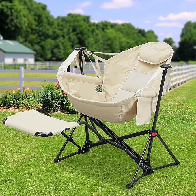 Ainfox Hammock Chair with Footrest, Oversized Swinging Portable Folding Camping Chairs for Adults Outside Swinging Camp with Cup Holder Pillow for Outdoor Patio Lawn Beige