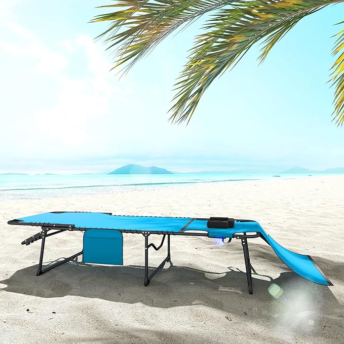 Outsunny Folding Chaise Lounge with 5-Level Reclining Back, Tanning Chair with Face Hole, Outdoor Lounge Chair with Side Pocket & Headrest for Beach, Yard, Patio, Blue