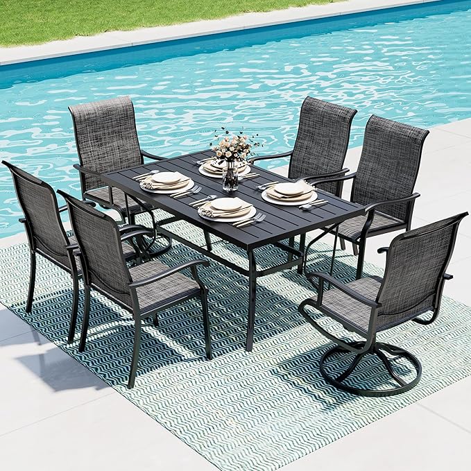 7-Piece Outdoor Dining Set, Patio Furniture Set with 2 Textilene Swivel Chairs & 4 Regular Chairs,Patio Dining Set with 1 Rectangular Table for Garden, Backyard, Poolside, Deck, Charcoal
