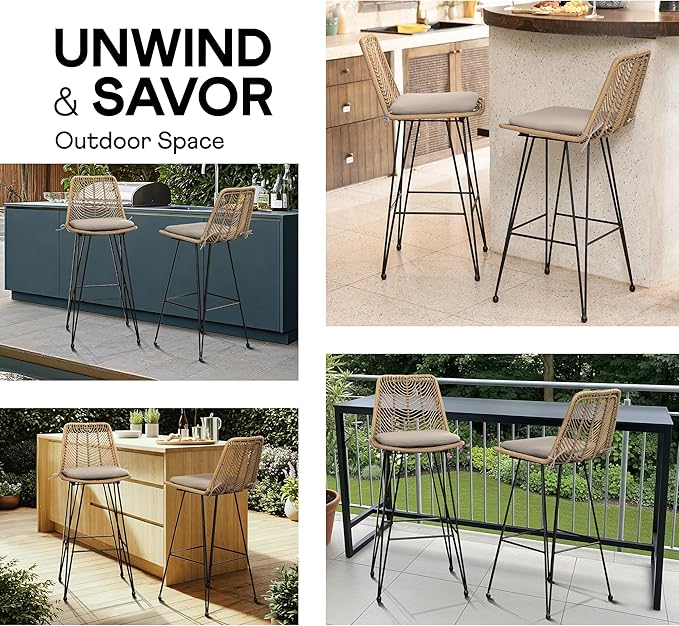 IDZO 400lbs Capacity Rattan Bar Stools Set of 2, 29-Inch Height, Outdoor & Indoor Use, Comfort Cushion, Solid Steel Frame, Durable Powder Coating, Easy Assembly, Ideal for Kitchen Island & Patio