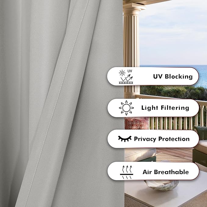 BONZER Waterproof Indoor/Outdoor Curtains for Patio Thick Privacy Wide Grommet Curtains for Bedroom, Living Room, Porch, Pergola, Cabana, 1 Panel, 110W x 84L inch, Silver