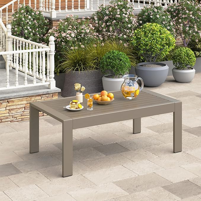 Wisteria Lane Outdoor Furniture Patio Coffee Table, Ourdoor Rectangle Coffee Table, All-Weather Outdoor Metal Coffee Table for Balcony, Garden, Deck, Backyard, Khaki