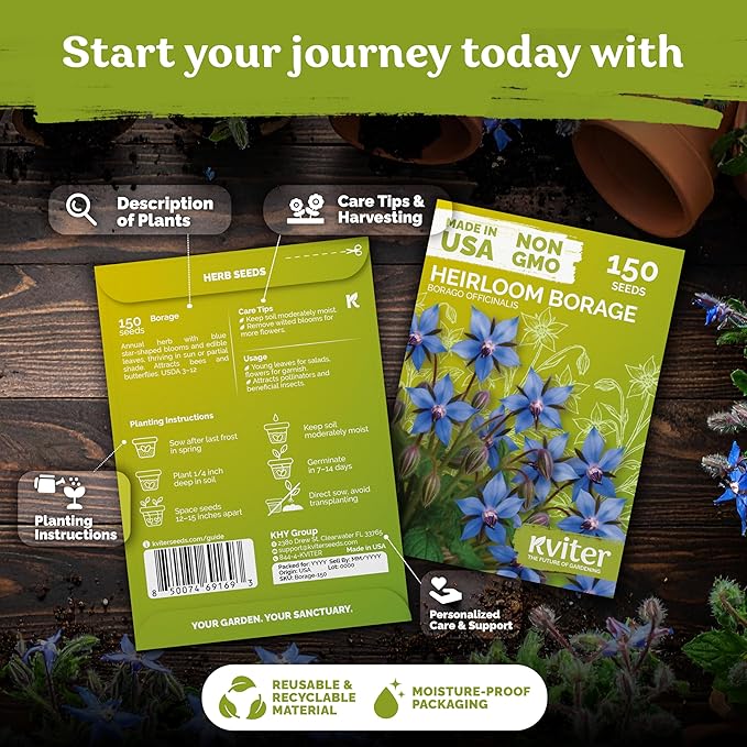 KVITER 150 Borage Seeds (Borago officinalis) - Blue Strawflower, Edible Flower for Teas, Attracts Pollinators - Organic & Heirloom Herb Seeds for Planting in Outdoor & Indoor Garden, Beds, Containers
