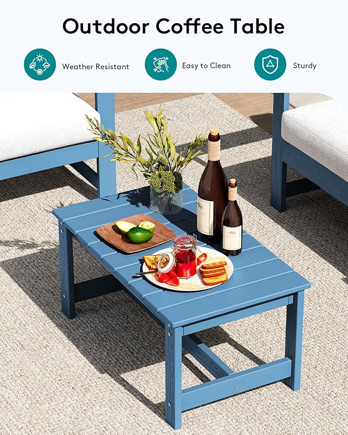 SERWALL 4 Pieces HDPE Outdoor Sofa Set with Cushions, All Weather Use Conversation Couch Set, Outdoor Loveseat Furniture with Coffee Table for Patio, Blue Frame with Khaki Cushions