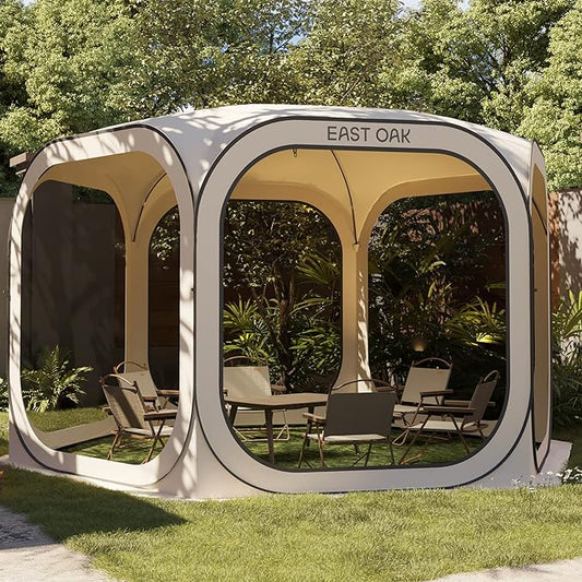 East Oak Screen House Tent Pop-Up, Portable Screen Room Canopy Instant Screen Tent 12 x 12 FT with Carry Bag for Patio, Backyard, Deck & Outdoor Activities, Beige