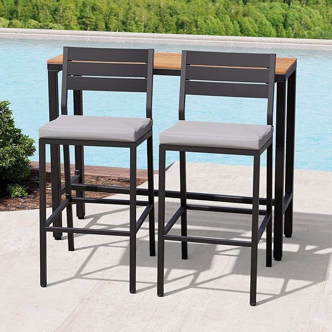 Crestlive Products Outdoor Bar Table and Chairs Set, 3 Piece Outside Patio Bar Set with 43" Long Bar Table and 2 Bar Stools for Balcony, Bistro, Garden, Backyard(Brown Desktop and Light Gray Cushion)
