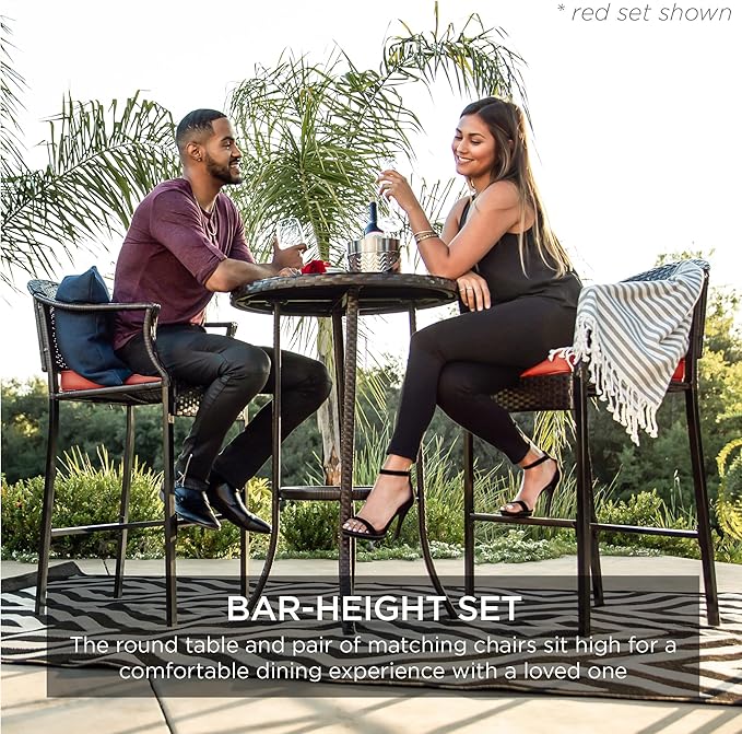 Best Choice Products 3-Piece Patio Bar Table Set, Outdoor Wicker Bar Height Bistro Furniture for Backyard, Poolside, Balcony w/Barstools, Cushions, Steel Frame – Gray/Blue