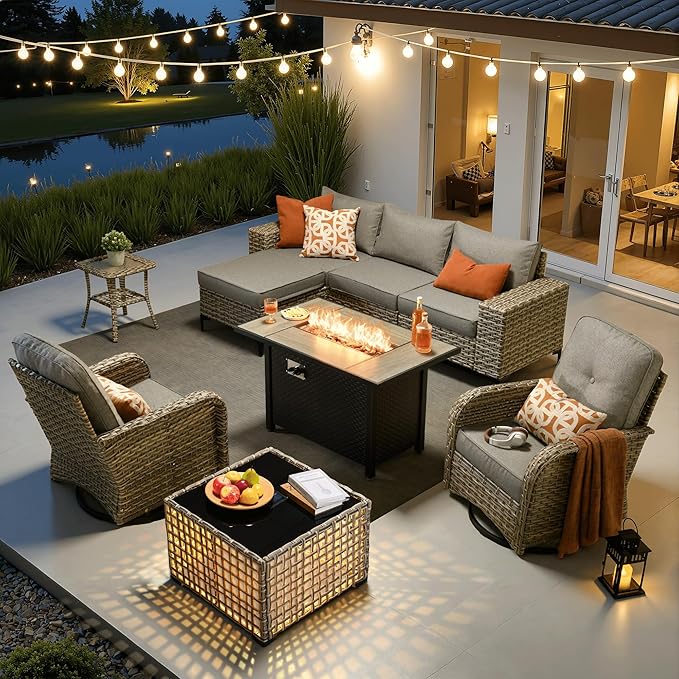 ovios 9-Piece Patio Furniture Set with L-Shape Sofa Chaise, Outdoor Sectional Couch Swivel Gliders Fire Pit Table Solar Table, Modern Modular Wicker Rattan Conversation Set, Dark Grey