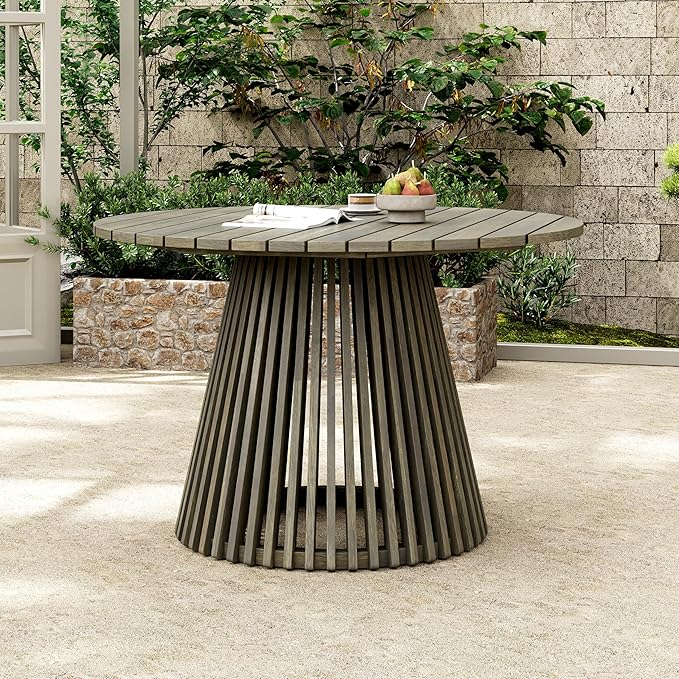 Merax Outdoor Dining Table 47.25" Round Extra-Large Acacia Wood Patio Dining Table for Backyard Lawn Balcony, Aesthetic Slat Base Design, Grey Finish