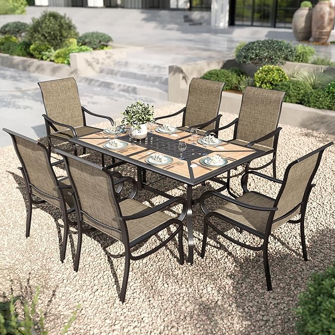 PHI VILLA 7 Piece Outdoor Table and Chairs Set, 6 High Back Fixed Chairs and PVC Wooden-Like Table with Umbrella Holes, All Weather Patio Furniture Set for Deck Garden Yard