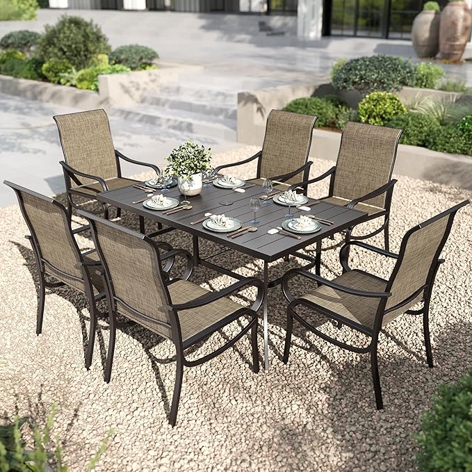 PHI VILLA Outdoor Dining Set for 6 Person, Rectangle Metal Slat Table with Umbrella Holes and 6 High Back Fixed Chairs All Weather Patio Table and Chairs for Deck Garden Yard