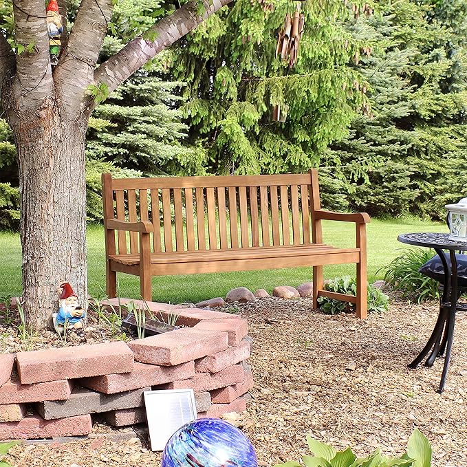 Sunnydaze 2-Person Outdoor Bench for Front Porch or Park - Wooden Teak Patio Garden Bench with Backrest - 675 lb Weight Capacity - Mission