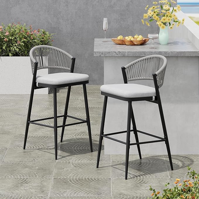 Christopher Knight Home Hearth 30.25" H Patio Barstools Set of 2, Woven Wicker Counter Stool, PE Rattan Scallop-Shaped Backrest Bar Chair, Metal Frame Barstool for Backyard Balcony Garden, Black