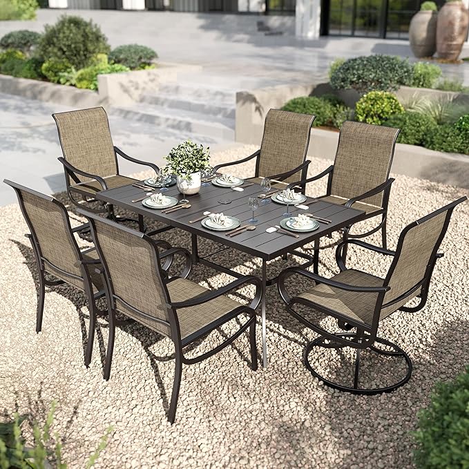 PHI VILLA Outdoor Dining Set for 6 Person, Rectangle Metal Slat Table with Umbrella Holes and 2 Swivel & 4 Fixed Chairs All Weather Patio Table and Chairs for Deck Garden Yard