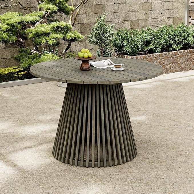 Merax Outdoor Dining Table 47.25" Round Extra-Large Acacia Wood Patio Dining Table for Backyard Lawn Balcony, Aesthetic Slat Base Design, Grey Finish