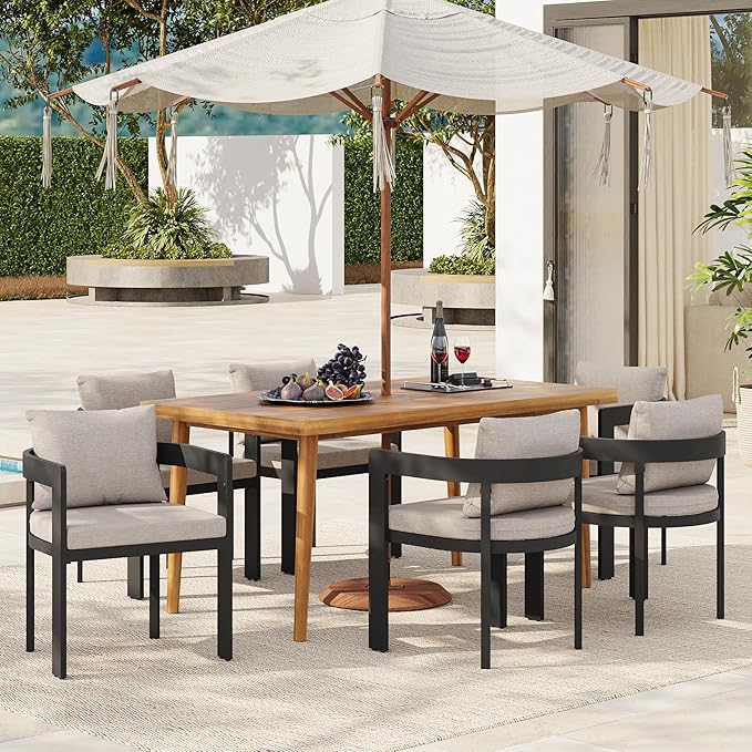 Christopher Knight Home Elko Acacia Wood Outdoor Dining Set for 6, Wooden 7 Piece Patio Dining Table Set, Outdoor Metal Dining Chair and Table Set with Cushion, Patio Furniture Set, Teak+Dark Gray