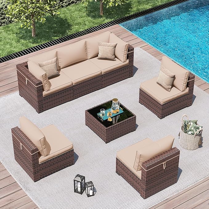 Amopatio Outdoor Patio Furniture Set 7 Pieces Patio Conversation Set Sectional Couch Sofa with All-Weather Cover, Glass Table & Thicken Cushion Fits Garden Yard Porch