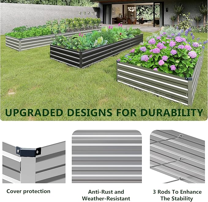 2PCS 12x3x1ft Galvanized Raised Garden Bed Kit,Metal Planter Box for Vegetables,Flowers,Herbs Durable Rust-Resistant Patio Gardening Beds,Silver