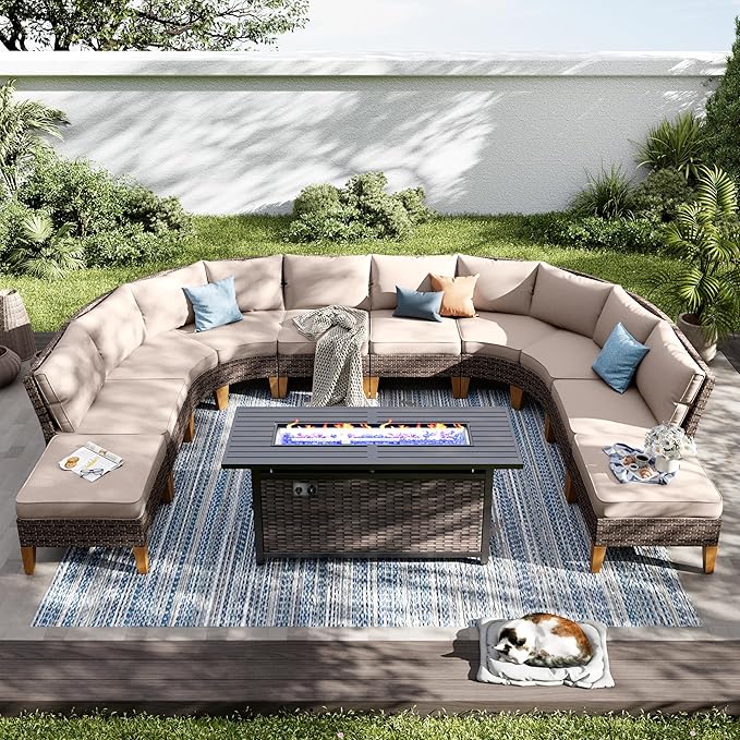 PHI VILLA 9-Piece Half Moon Patio Furniture Set with 56" Fire Pit Table, Outdoor Wicker Sectional Sofa with Thick Beige Cushions, 2 Ottomans, Large Curved Conversation Seating for Garden or Backyard