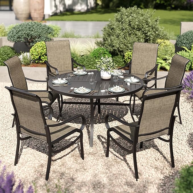 PHI VILLA Round Patio Dining Set for 6 Person, 54'' Round Metal Slat Table with Umbrella Holes and 6 High Back Fixed Chairs All Weather Patio Furniture Set for Outdoor Deck Garden Yard