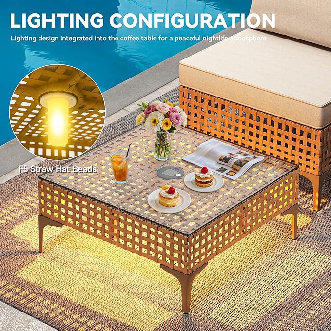 YITAHOME Wicker Patio Furniture Set 3 Pieces Outdoor Sectional Sofa with Solar Light Table Outdoor Couch with Waterproof Cushions All-Weather Rattan Patio Conversation Set for Indoor/Outdoor